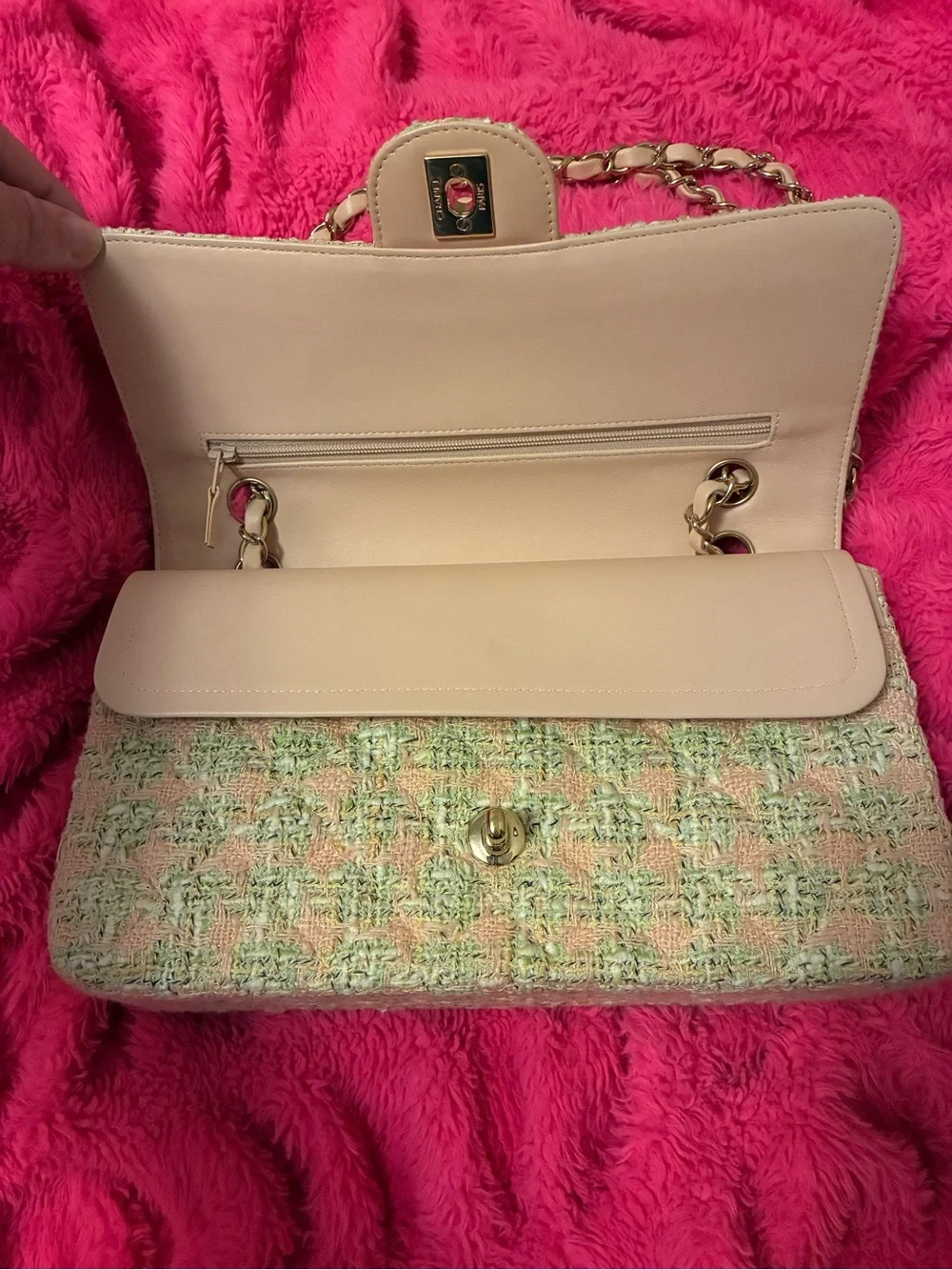 CHANEL Pastel Pink and Cream Tweed Shoulder Bag with Gold Chain